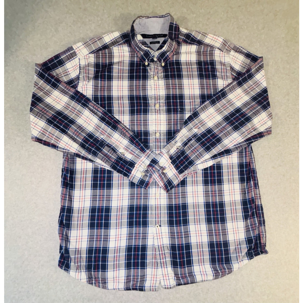 Tommy Hilfiger Classic Fit Plaid Button Down Shirt Mens XL Blue Red White